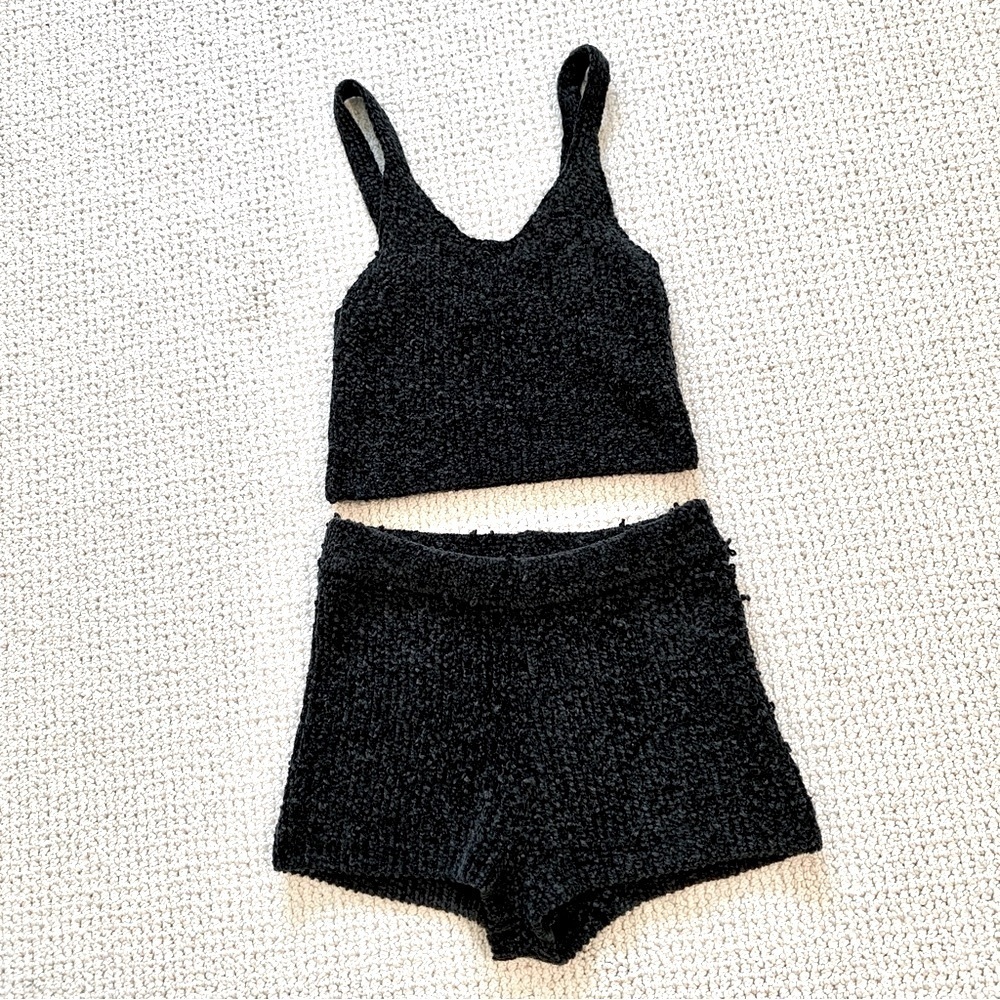 Black Chenille Soft Chunky Sweater Knit Tank Short Sleep Lounge Set